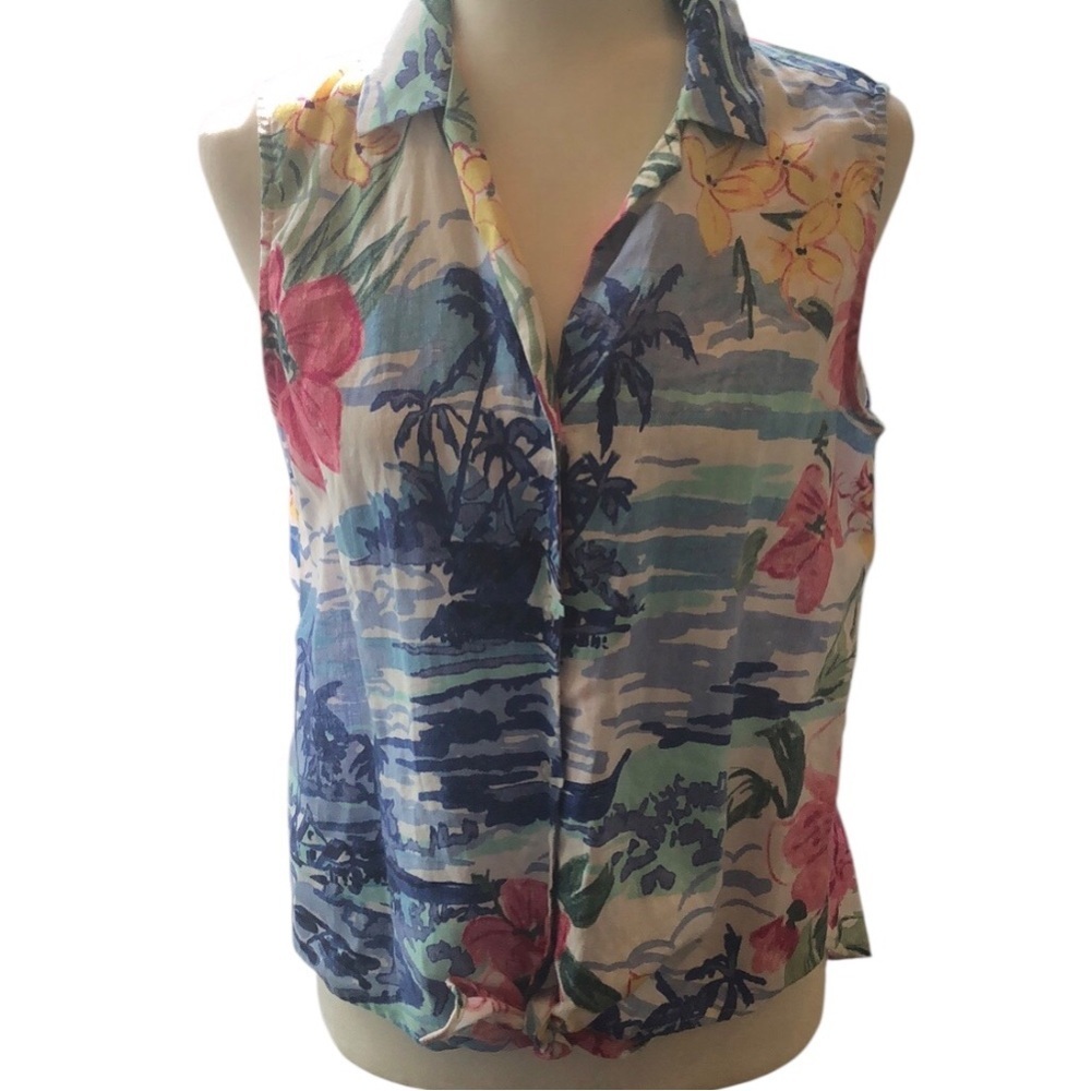 Tommy Bahama Tropical Floral Button Down Sleeveless Shirt Tie Front Women’s S